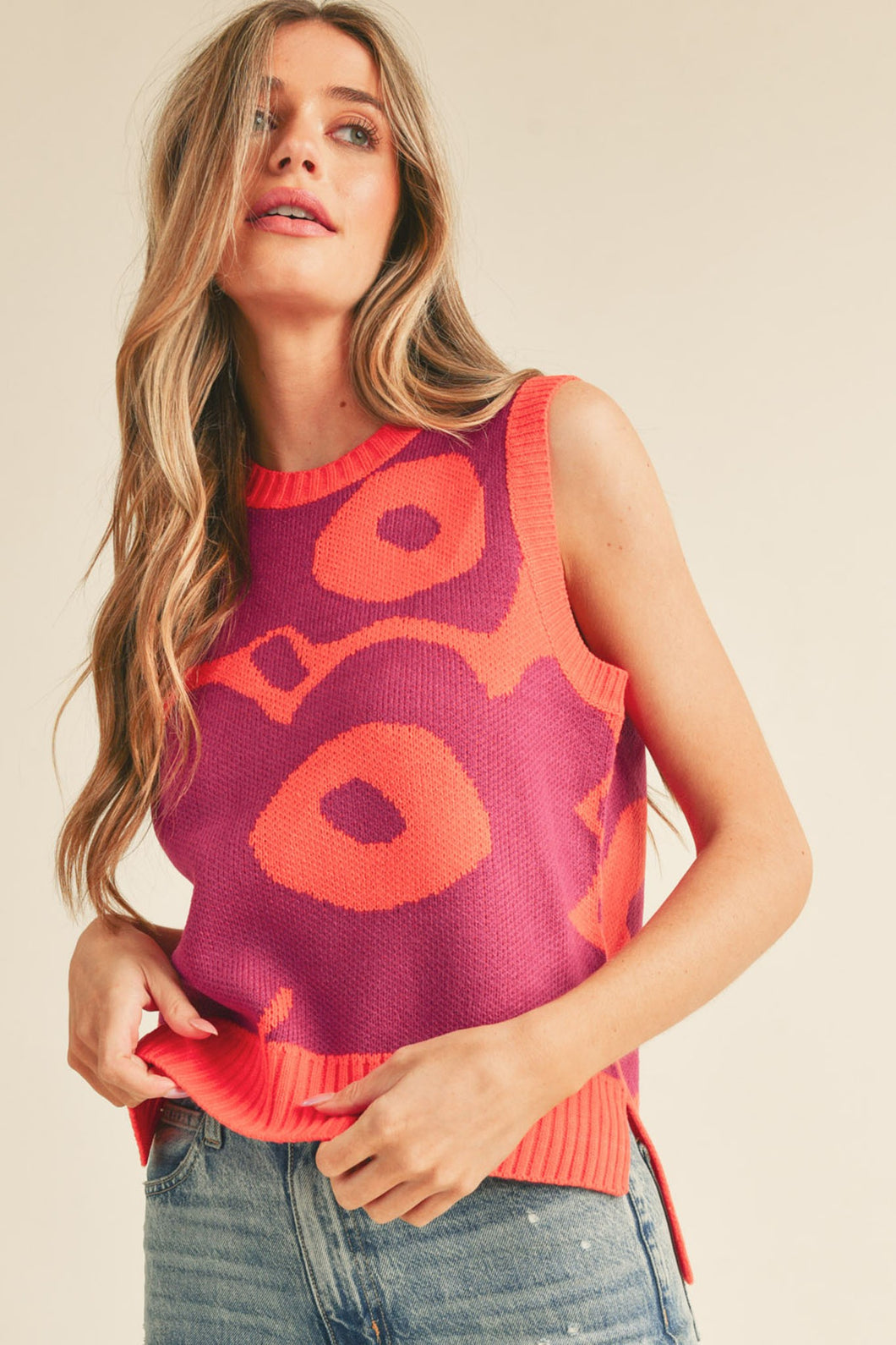 Orange/Magenta Floral Sweater Vest